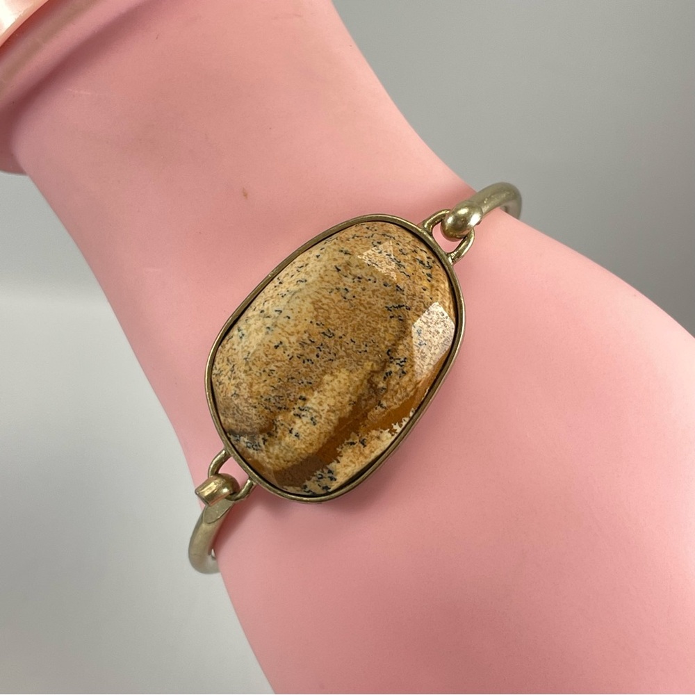 Picture Jasper Stone Gold Tone Bangle Bracelet Statement Artisan Handmade